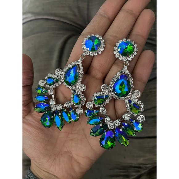 Big Blue green earrings large crystal chandelier rhinestone crystal 3.6” long - Picture 2 of 8